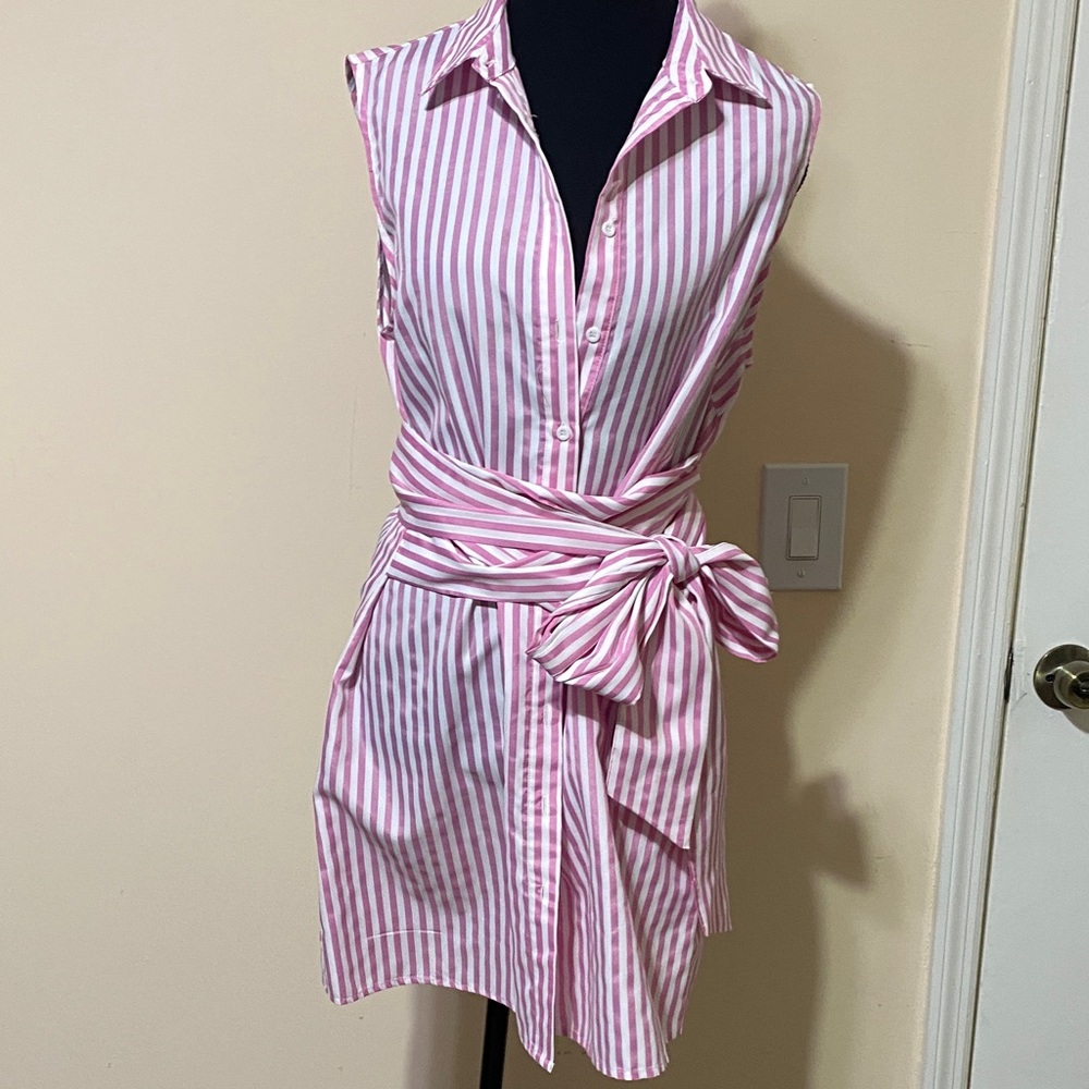 Pink Striped Sleeveless Shirt Dress